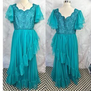 Vtg 70s MIKE BENET Formal Chiffon Dress XL 18 Coquette Ruffle Prom Ribbon Fairy